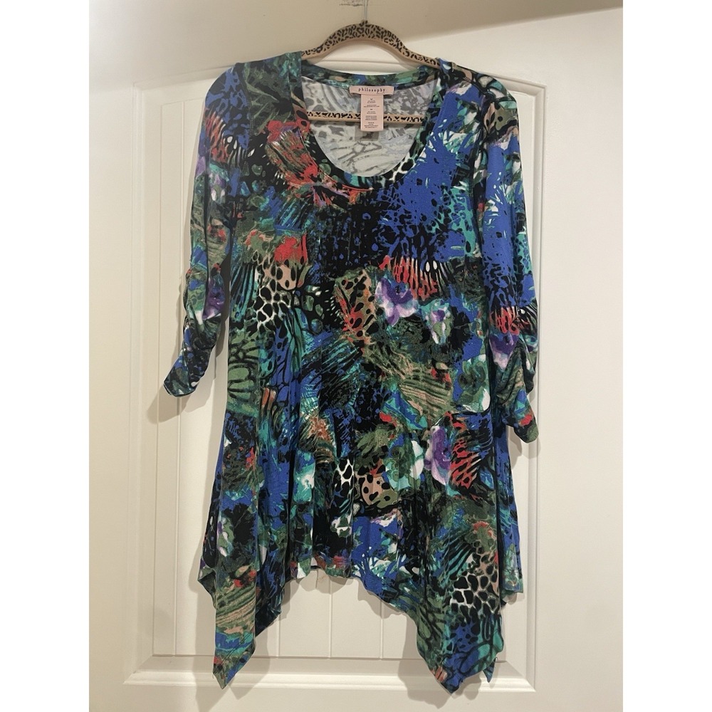 Philosophy Womens T-shirt‎ Dress Size Medium Colorful Unique 3/4 Sleeves Ruched